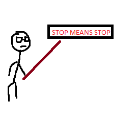 A stick man with glasses pointing a brown stick at a sign that says stop means stop in all capital letters.